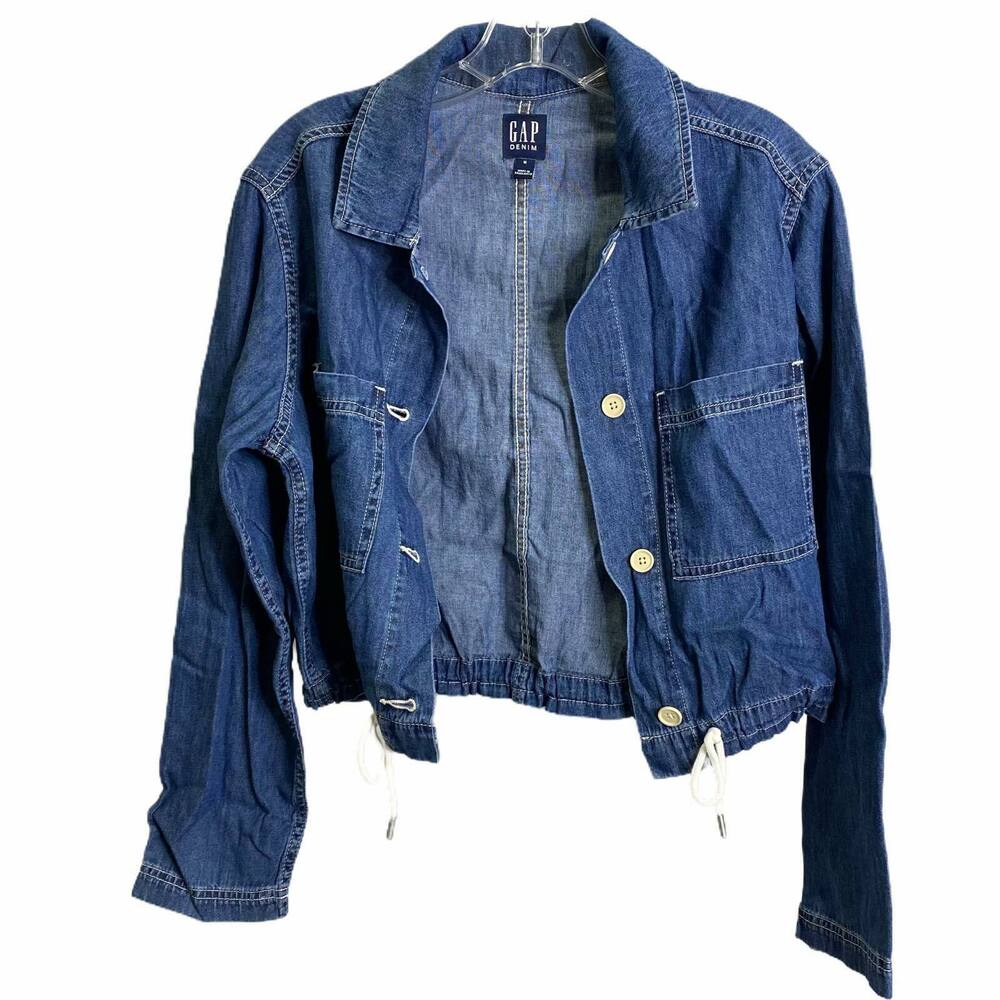 Gap Denim Women's Jean Jacket Blue Dark Wash Cropped Synched Button-Down M‎ NWT